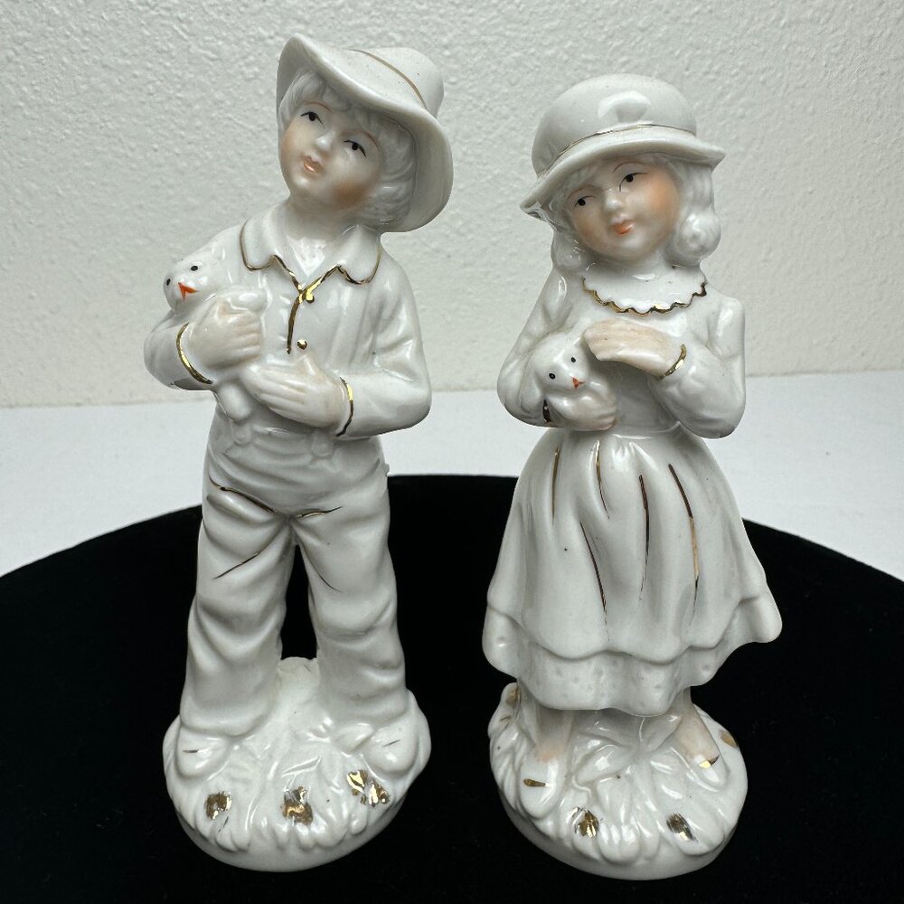 Vintage Excellent White Porcelain Kids with Toys Boy and Girl